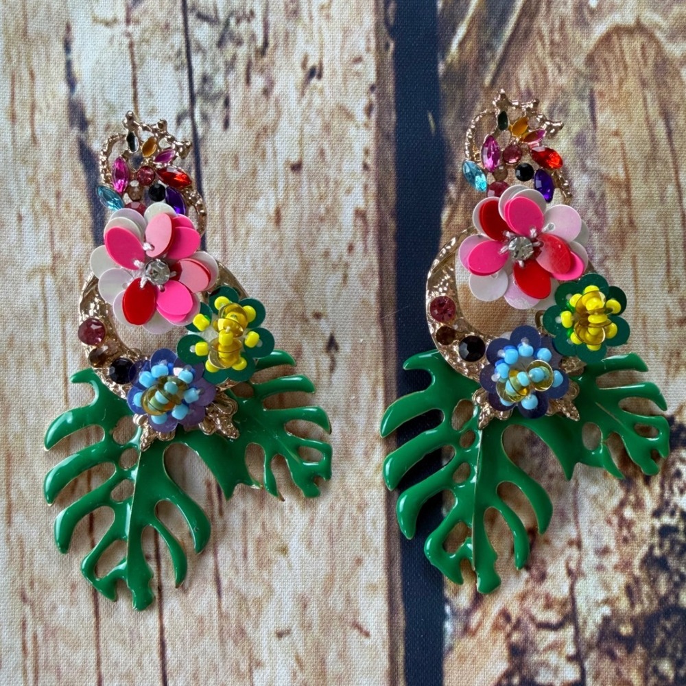 Tropical Monstera Leaf Flower Sequin Rhinestone Statement Drop Earrings - Picture 2 of 4